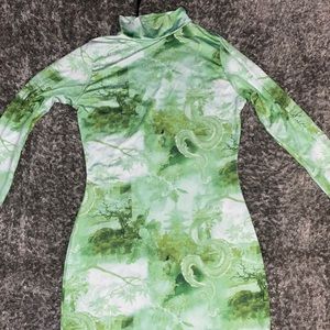 Green white mock neck dress